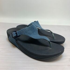 FitFlop The Skinny Sandals Womens Blue Denim Flip Flops T-Strap Shoes Size 9